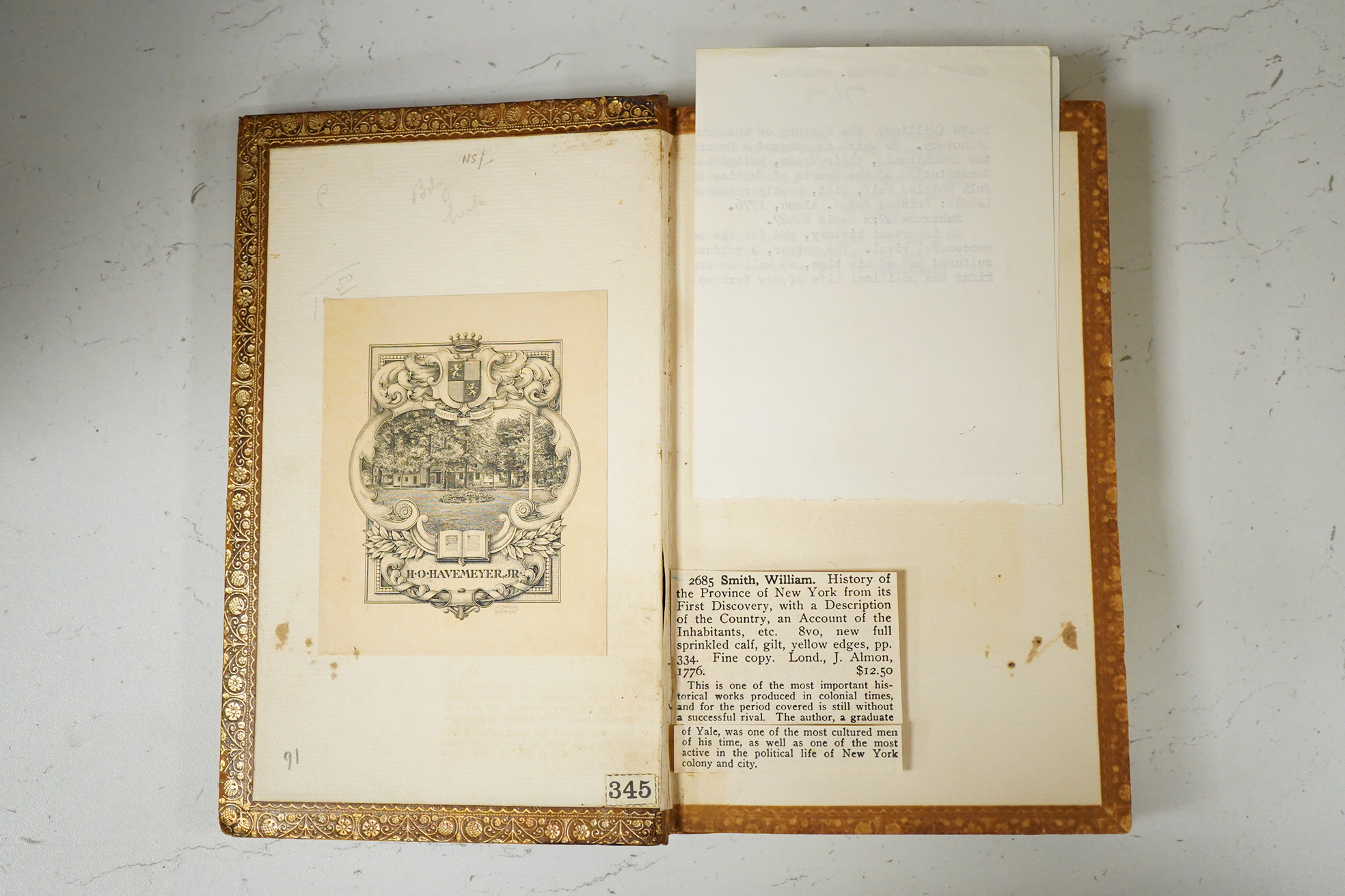 Smith, William - The History of the Province of New York ... (2nd edition). contemp. gilt ruled calf, decorated spine with red labels, 8vo. 1776